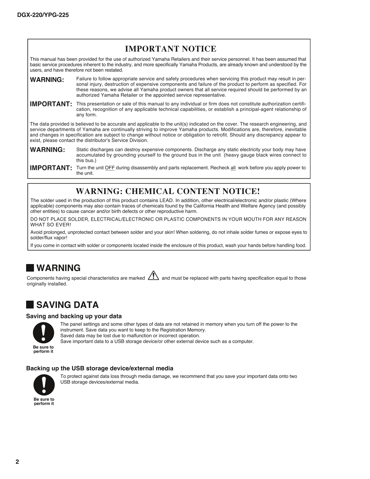 Yamaha DGX-220 & YPG-225 Digital Grand Piano Keyboard Service Manual (Pages: 52)