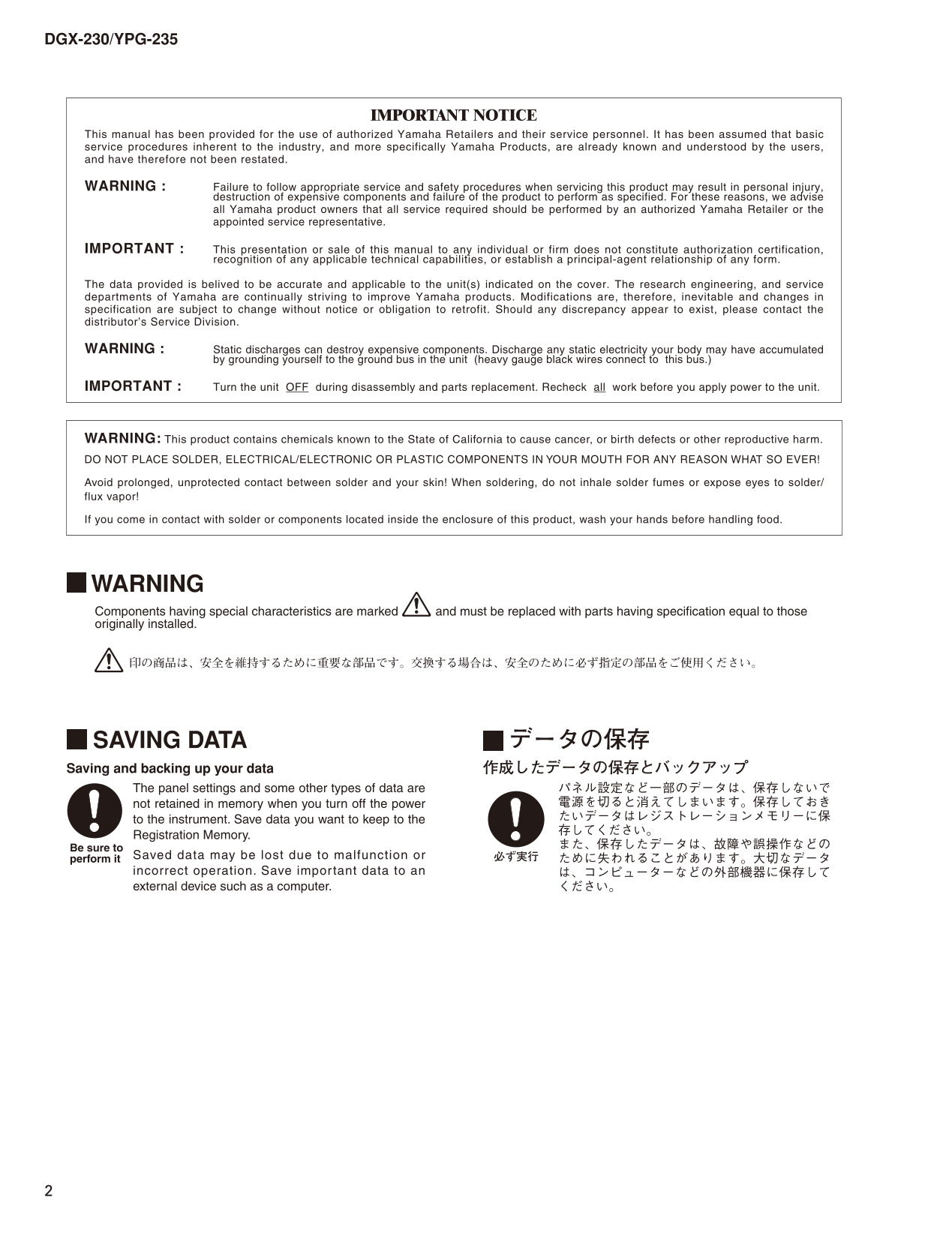 Yamaha DGX-230 & YPG-235 Digital Grand Piano Keyboard Service Manual (Pages: 61)