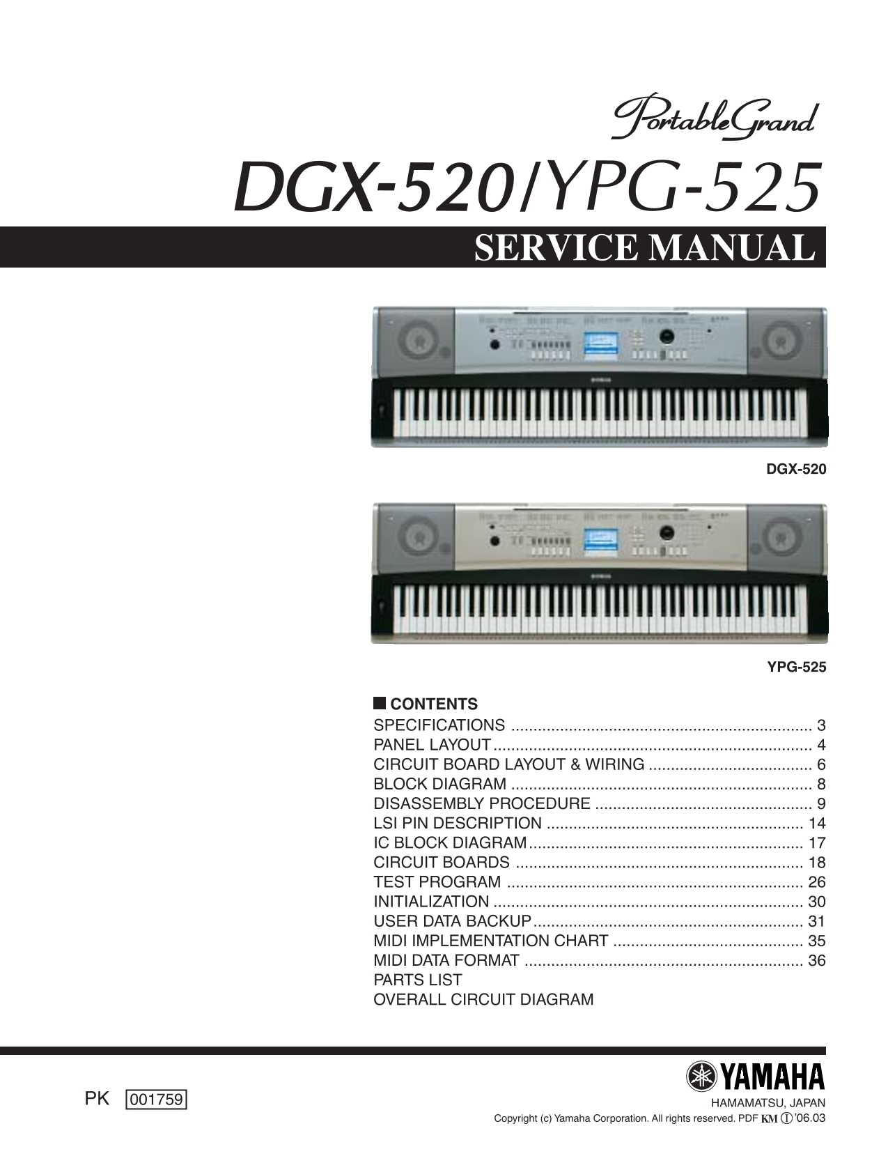 Yamaha DGX-520 & YPG-525 Digital Grand Piano Keyboard Service Manual (Pages: 55)