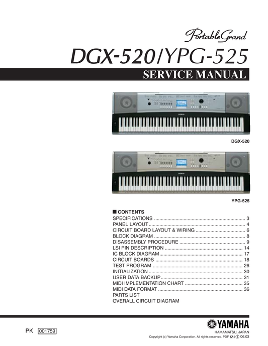 Yamaha DGX-520 & YPG-525 Digital Grand Piano Keyboard Service Manual (Pages: 55)