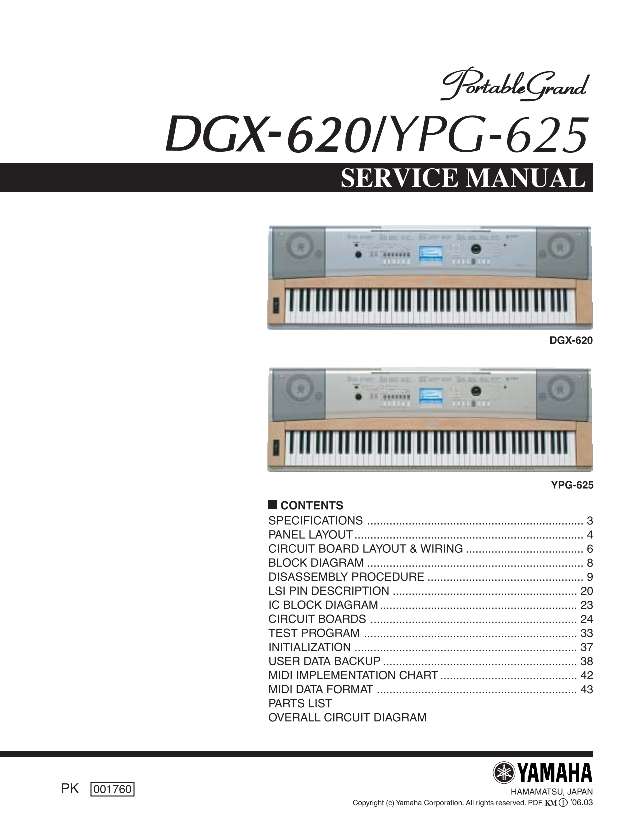 Yamaha DGX-620 & YPG-625 Digital Grand Piano Keyboard Service Manual (Pages: 60)