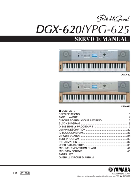 Yamaha DGX-620 & YPG-625 Digital Grand Piano Keyboard Service Manual (Pages: 60)