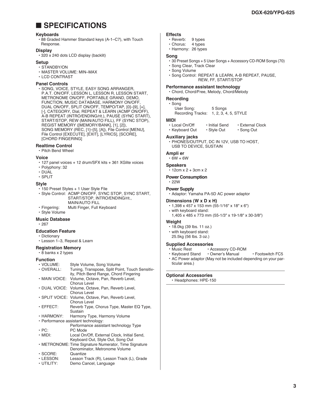 Yamaha DGX-620 & YPG-625 Digital Grand Piano Keyboard Service Manual (Pages: 60)