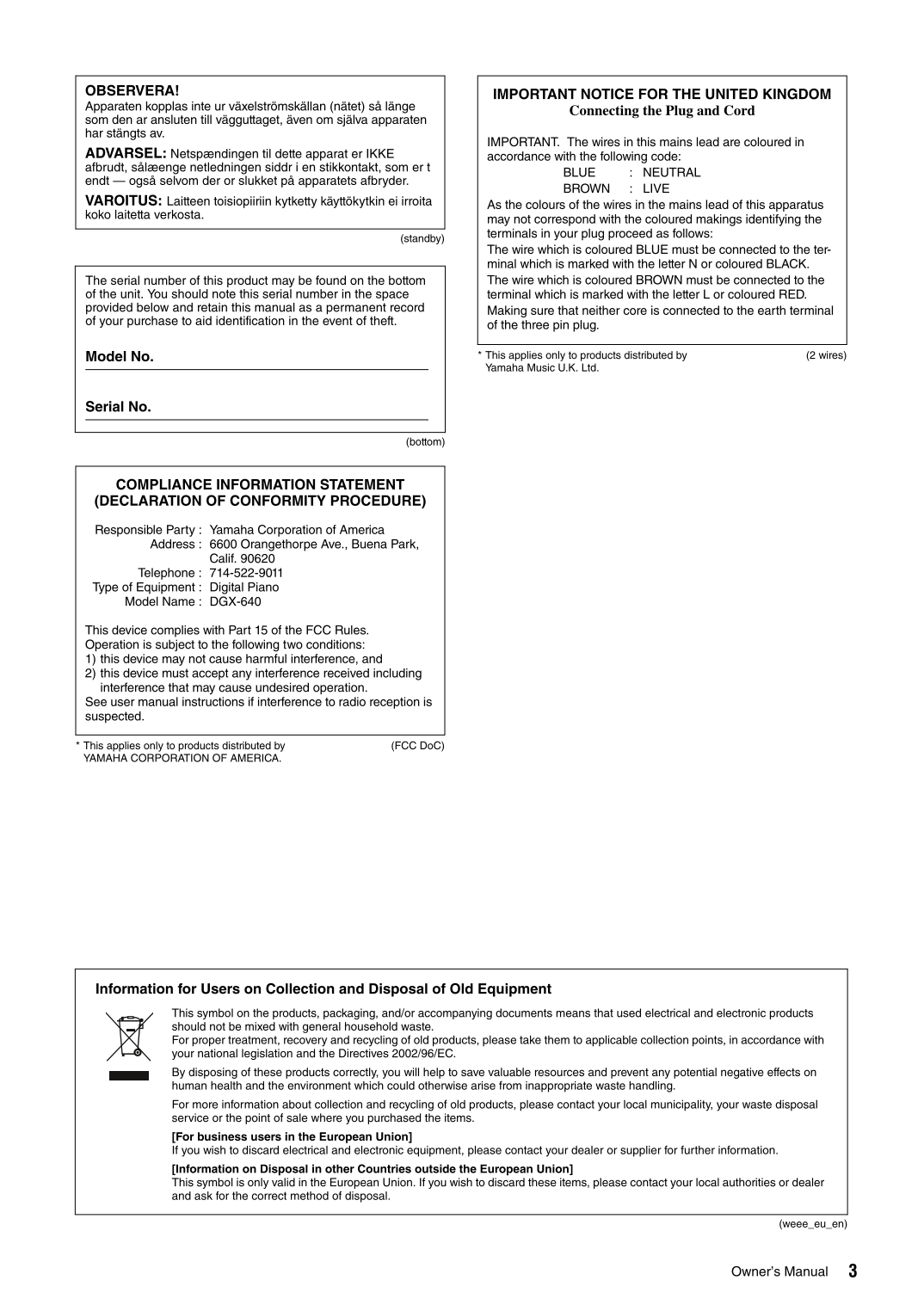 Yamaha DGX-640 Digital Piano Owner's/ User Manual (Pages: 120)