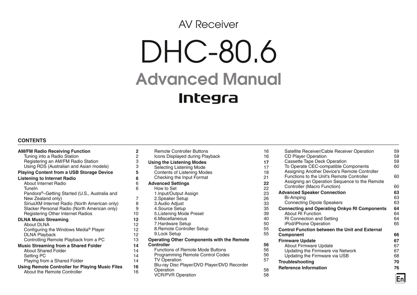 Integra DHC-80.6 (Advanced) AV Controller Owner's/ User Manual (Pages: 107)