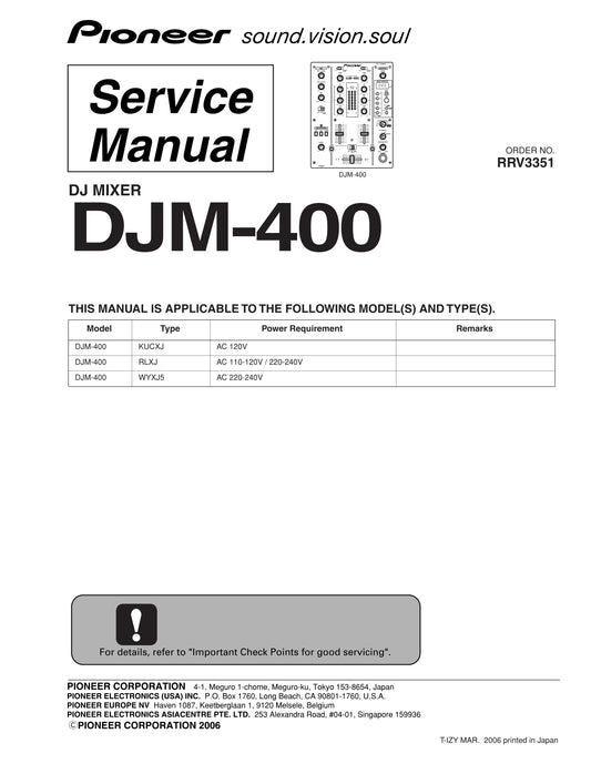 Pioneer DJM-400 DJ Mixer Service Manual (Pages: 92)