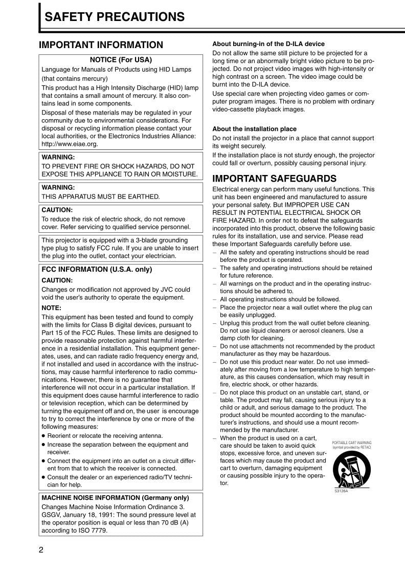 JVC DLAHD10KSU DLAHD10KSU/E DLAHD10KU/E Projector Operating Manual