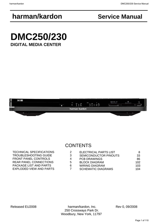 Harman/ Kardon DMC250/230 Digital Media Center Service Manual (Pages: 110)