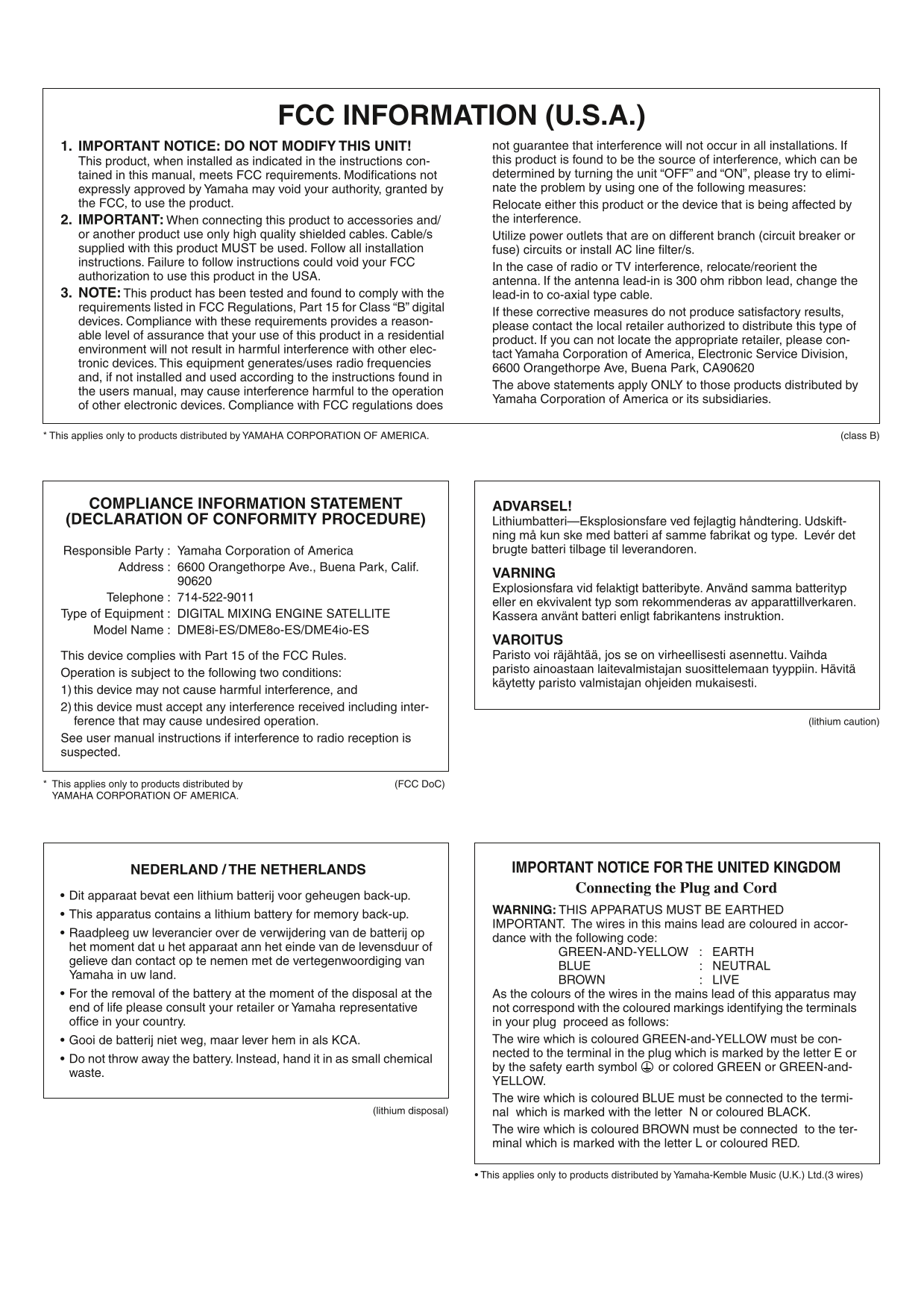 Yamaha DME4io-ES, DME8i-ES & DME80-ES Digital Mixing Engine Satellite Owner/ User Manual (Pages: 48)