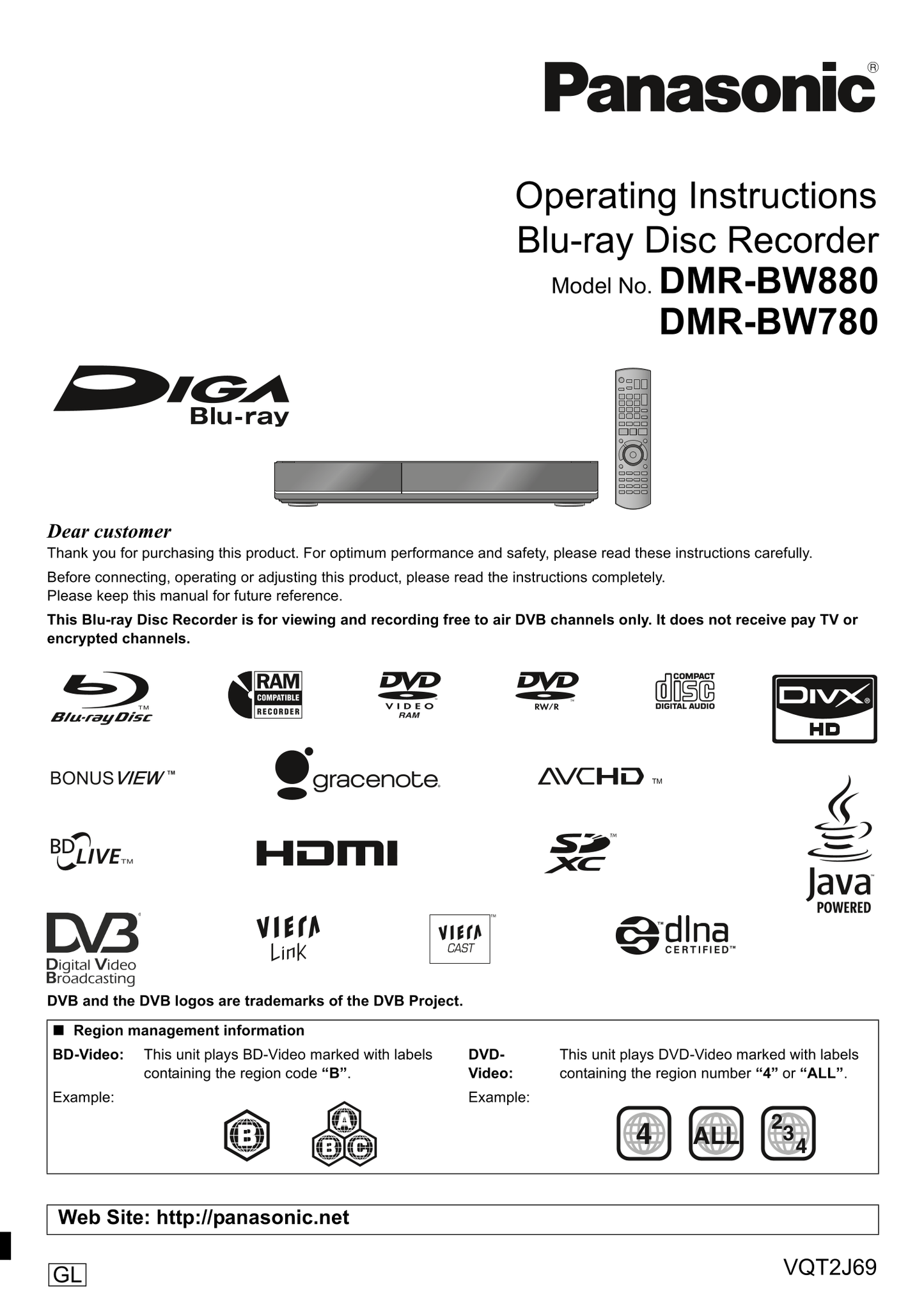 Panasonic DMR-BW780 & DMR-BW880 Blu-Ray Player Owner's/ User Manual (Pages: 112)