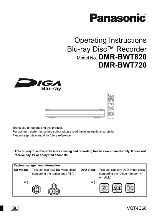 Panasonic DMR-BWT720 & DMR-BWT20 Blu-Ray Player Owner's/ User Manual (Pages: 120)