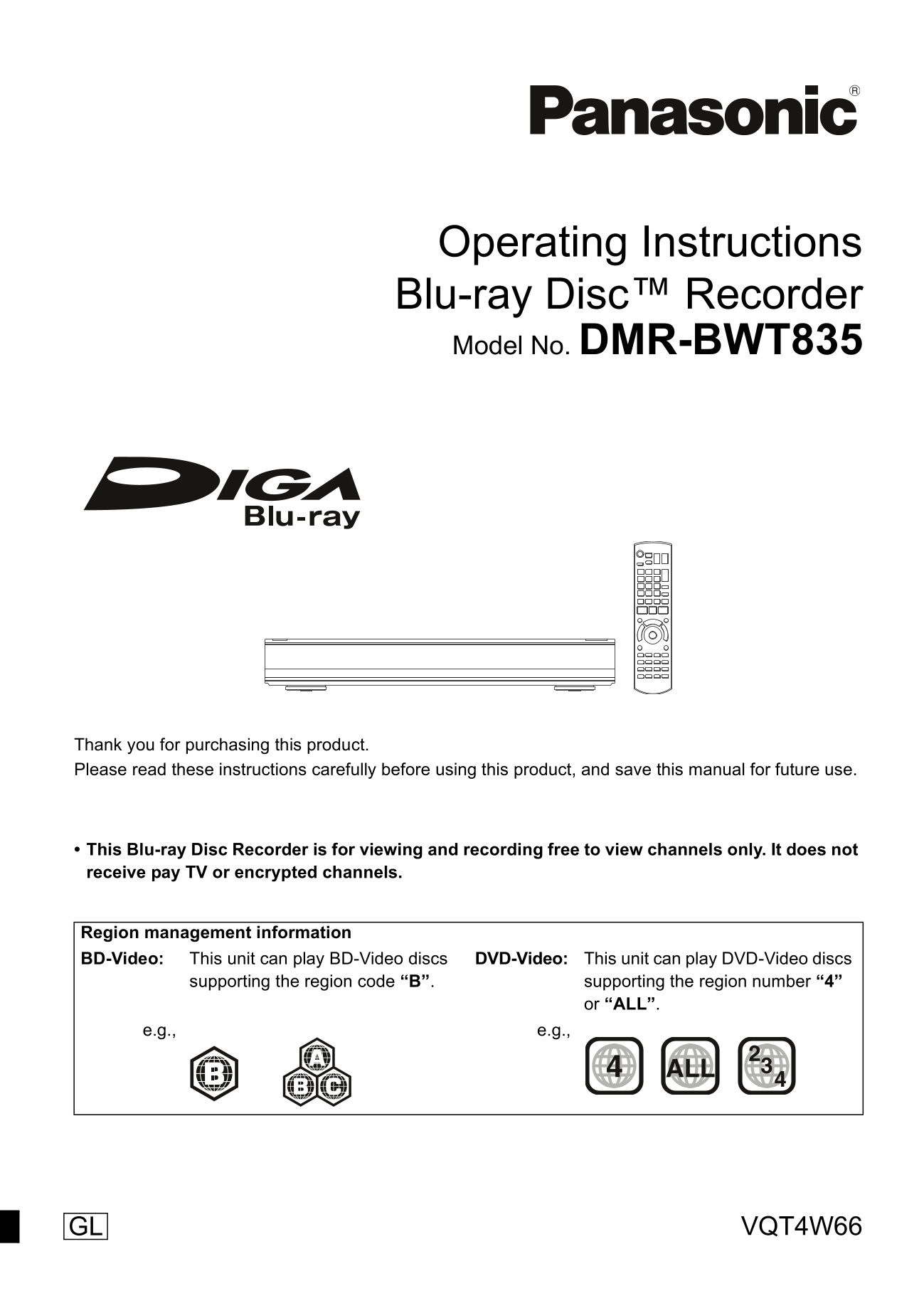 Panasonic DMR-BWT835 Blu-Ray Player Owner's/ User Manual (Pages: 120)