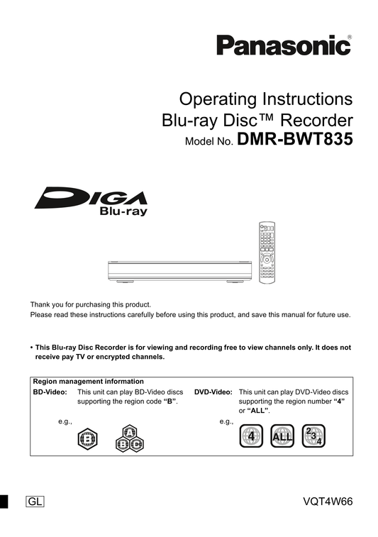 Panasonic DMR-BWT835 Blu-Ray Player Owner's/ User Manual (Pages: 120)