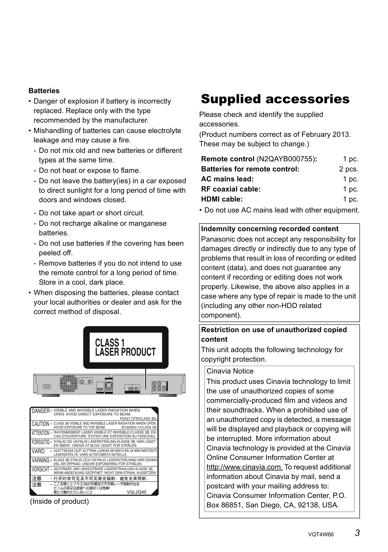 Panasonic DMR-BWT835 Blu-Ray Player Owner's/ User Manual (Pages: 120)