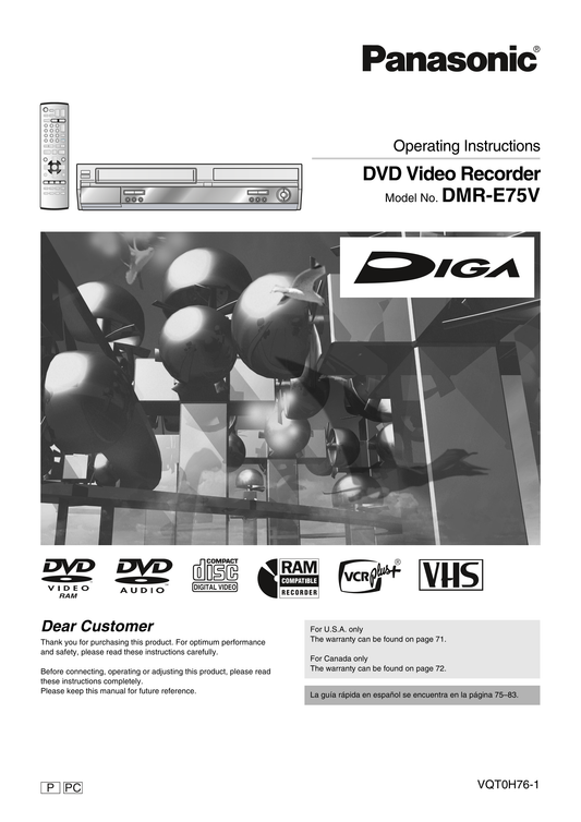 Panasonic DMR-E75V DVD/VCR Combo Owner's/ User Manual (Pages: 84)