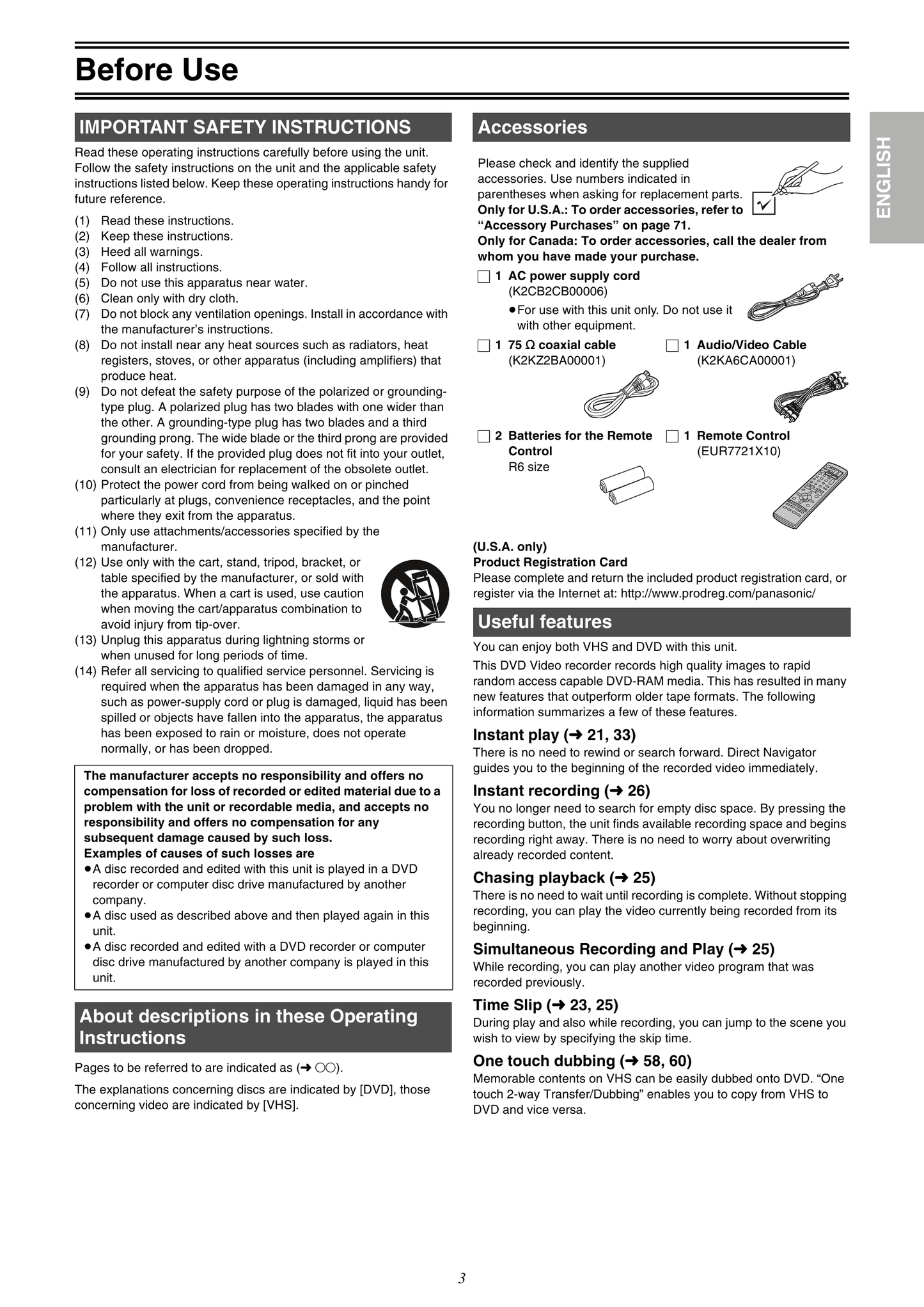 Panasonic DMR-E75V DVD/VCR Combo Owner's/ User Manual (Pages: 84)