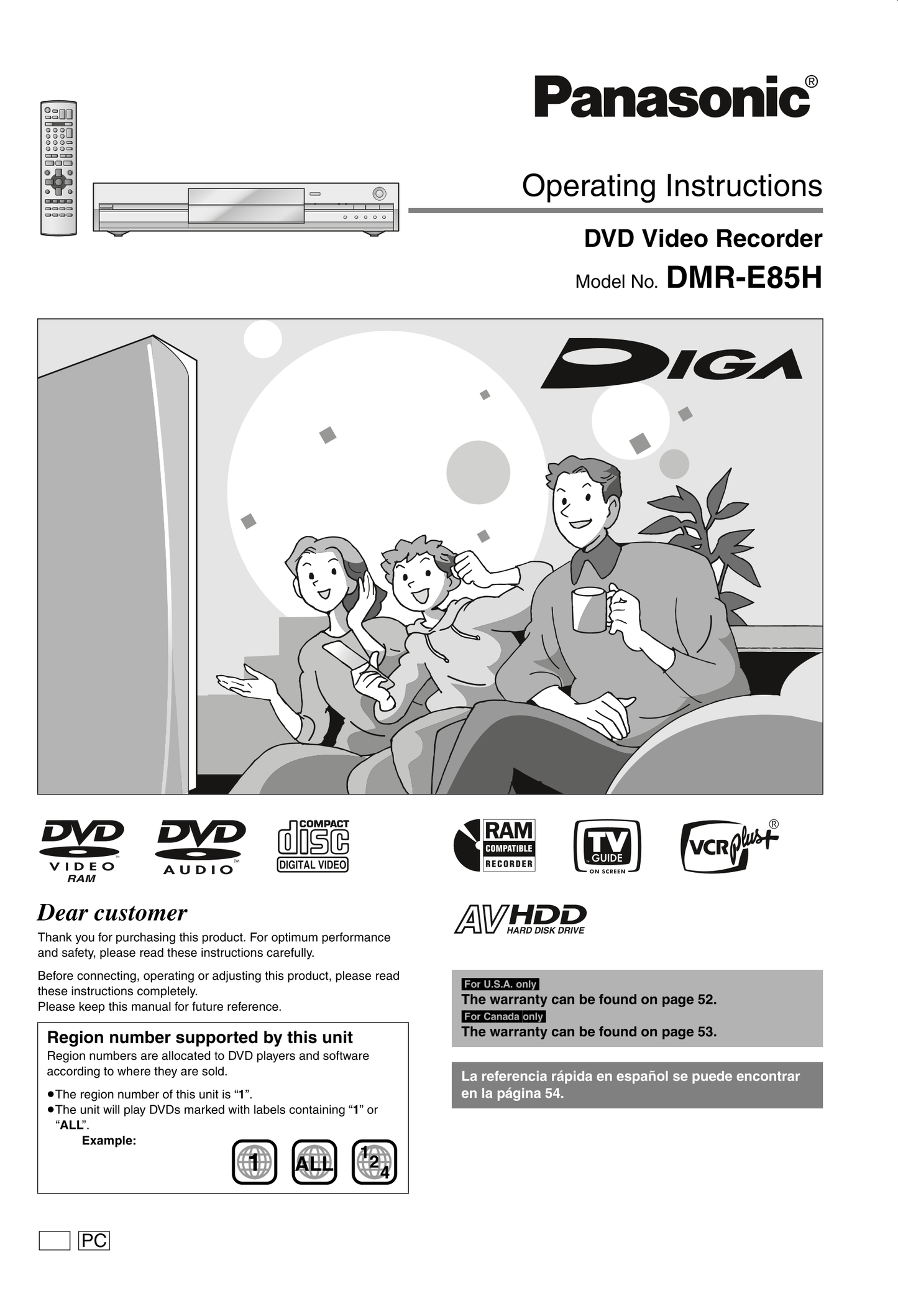 Panasonic DMR-E85H DVD Player/ Recorder Owner's/ User Manual (Pages: 75)