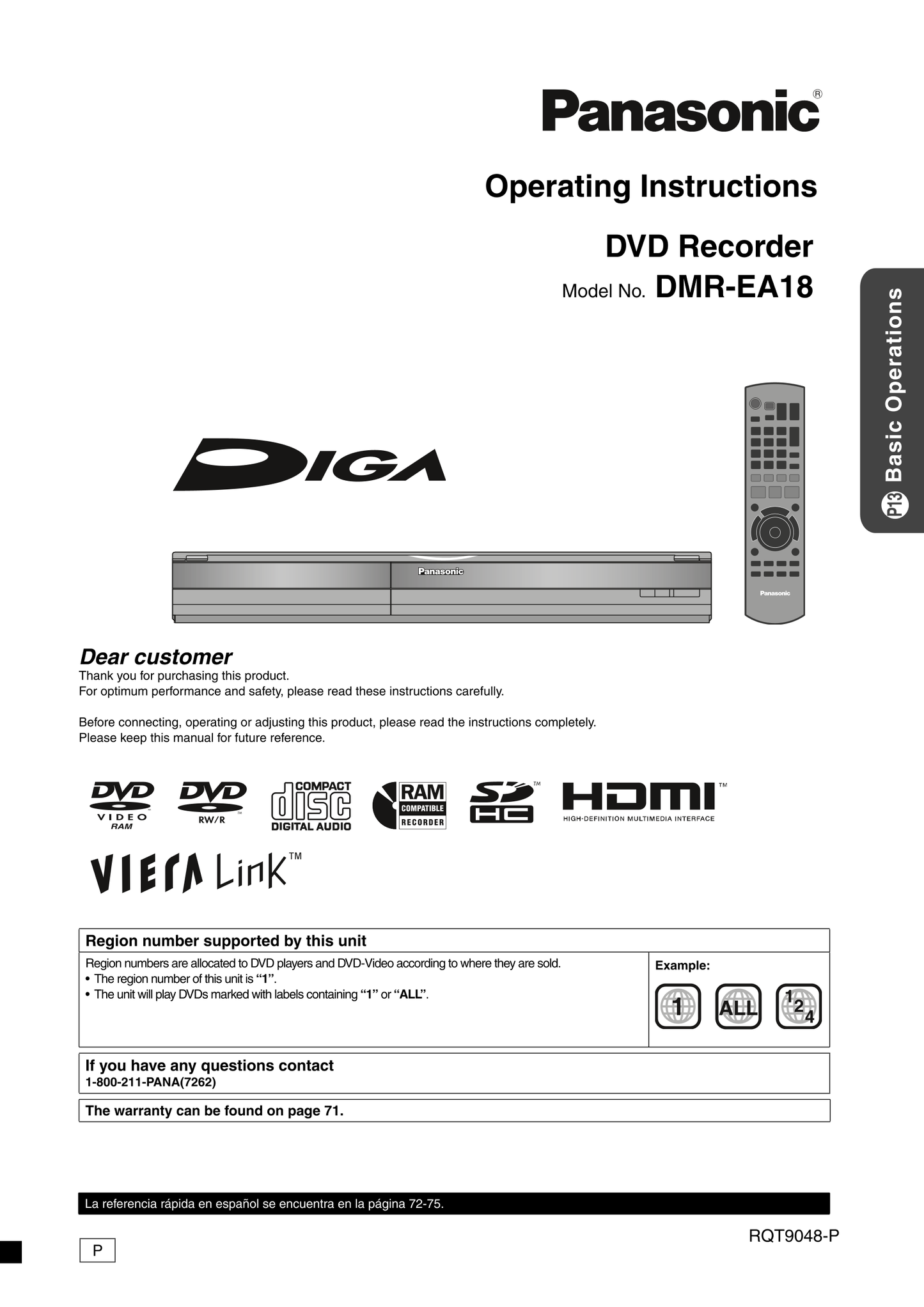 Panasonic DMR-EA18 DVD Video Recorder Owner's/ User Manual (Pages: 76)