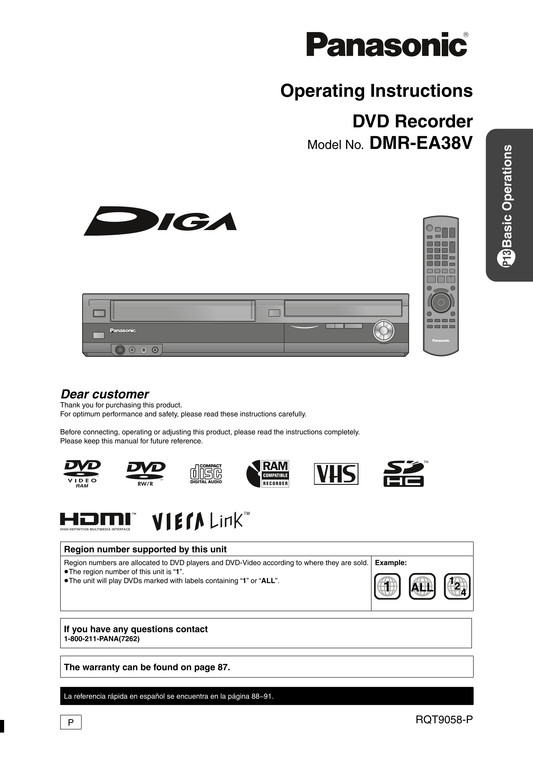 Panasonic DMR-EA38V DVD/VCR Combo Owner's/ User Manual (Pages: 92)