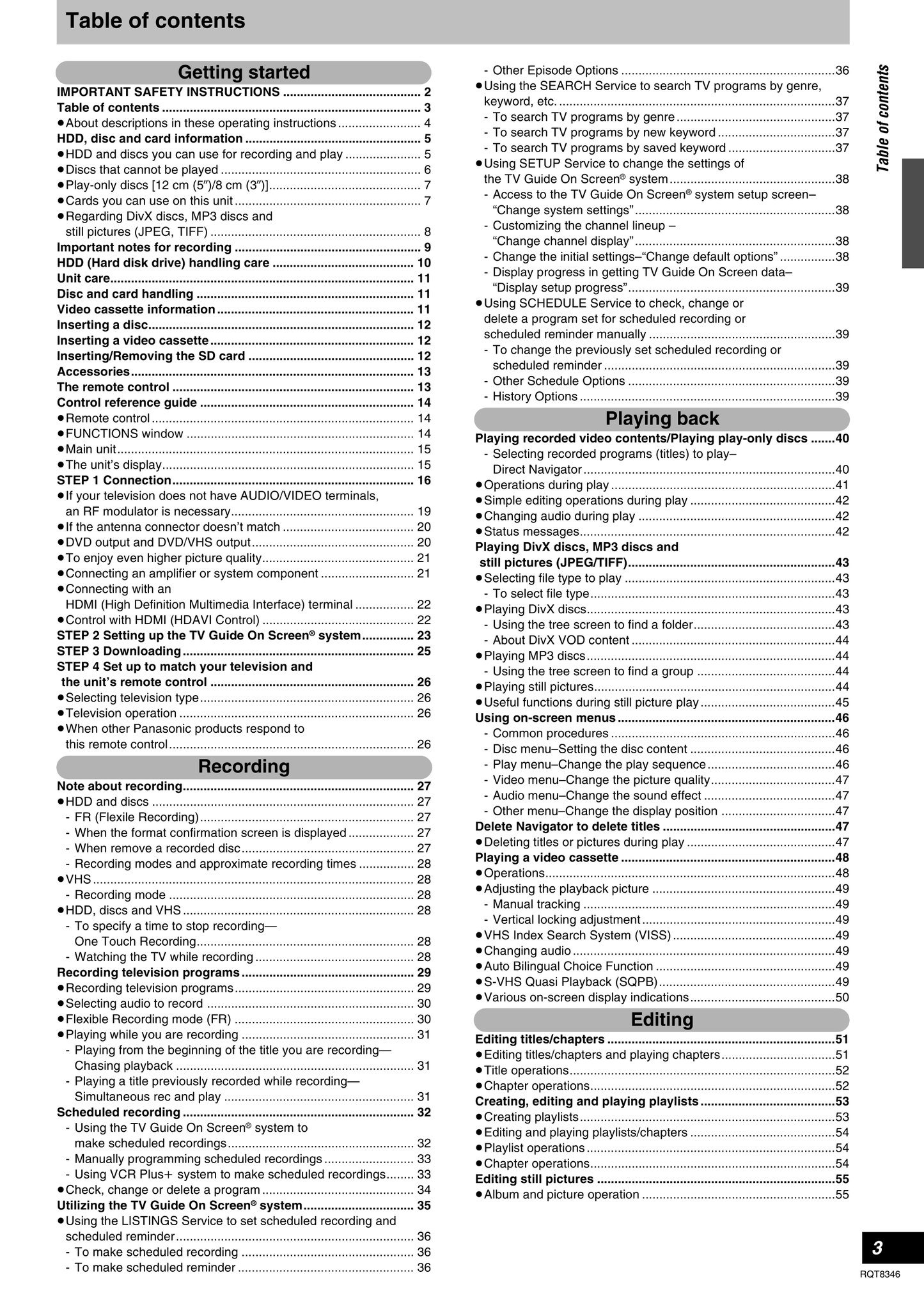 Panasonic DMR-EH75V DVD/VCR Combo Owner's/ User Manual (Pages: 104)