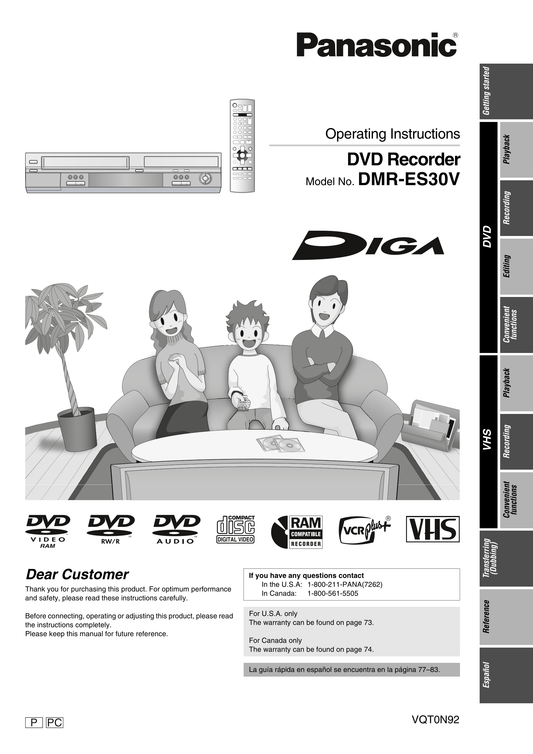 Panasonic DMR-ES30V DVD/VCR Combo Owner's/ User Manual (Pages: 84)