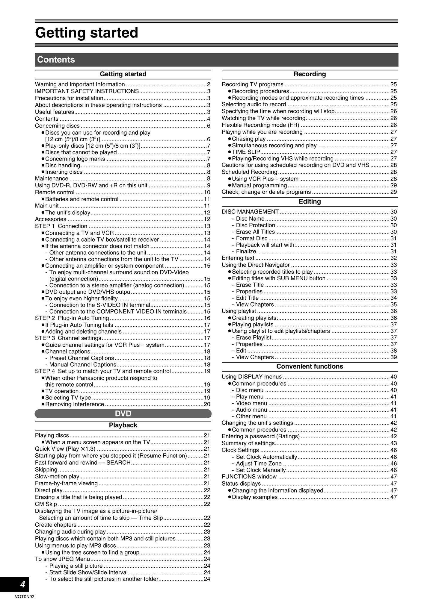 Panasonic DMR-ES30V DVD/VCR Combo Owner's/ User Manual (Pages: 84)