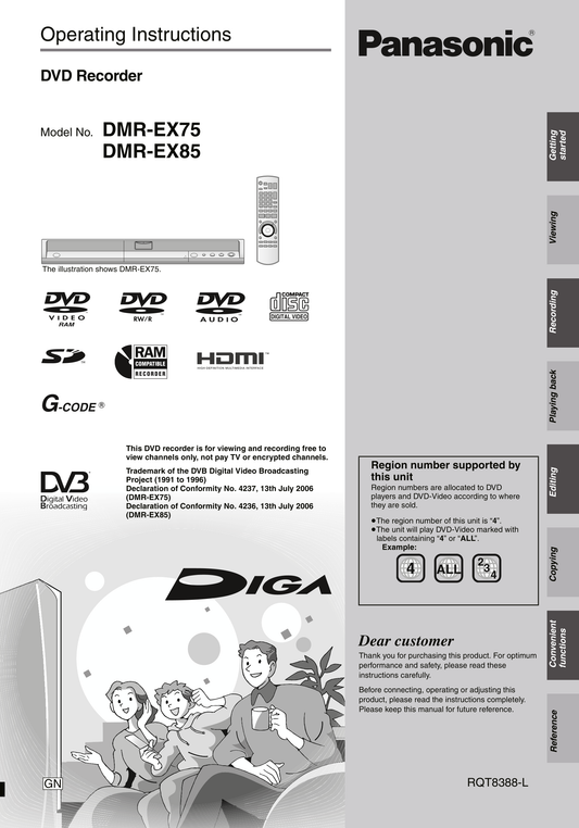 Panasonic DMR-EX75 & DMR-EX85 DVD Player/ Recorder Owner's/ User Manual (Pages: 80)