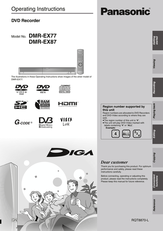 Panasonic DMR-EX77 & DMR-EX87 DVD Player/ Recorder Owner's/ User Manual (Pages: 80)