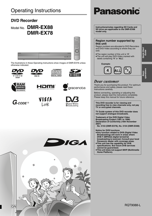 Panasonic DMR-EX78 & DMR-EX88 DVD Player/ Recorder Owner's/ User Manual (Pages: 88)