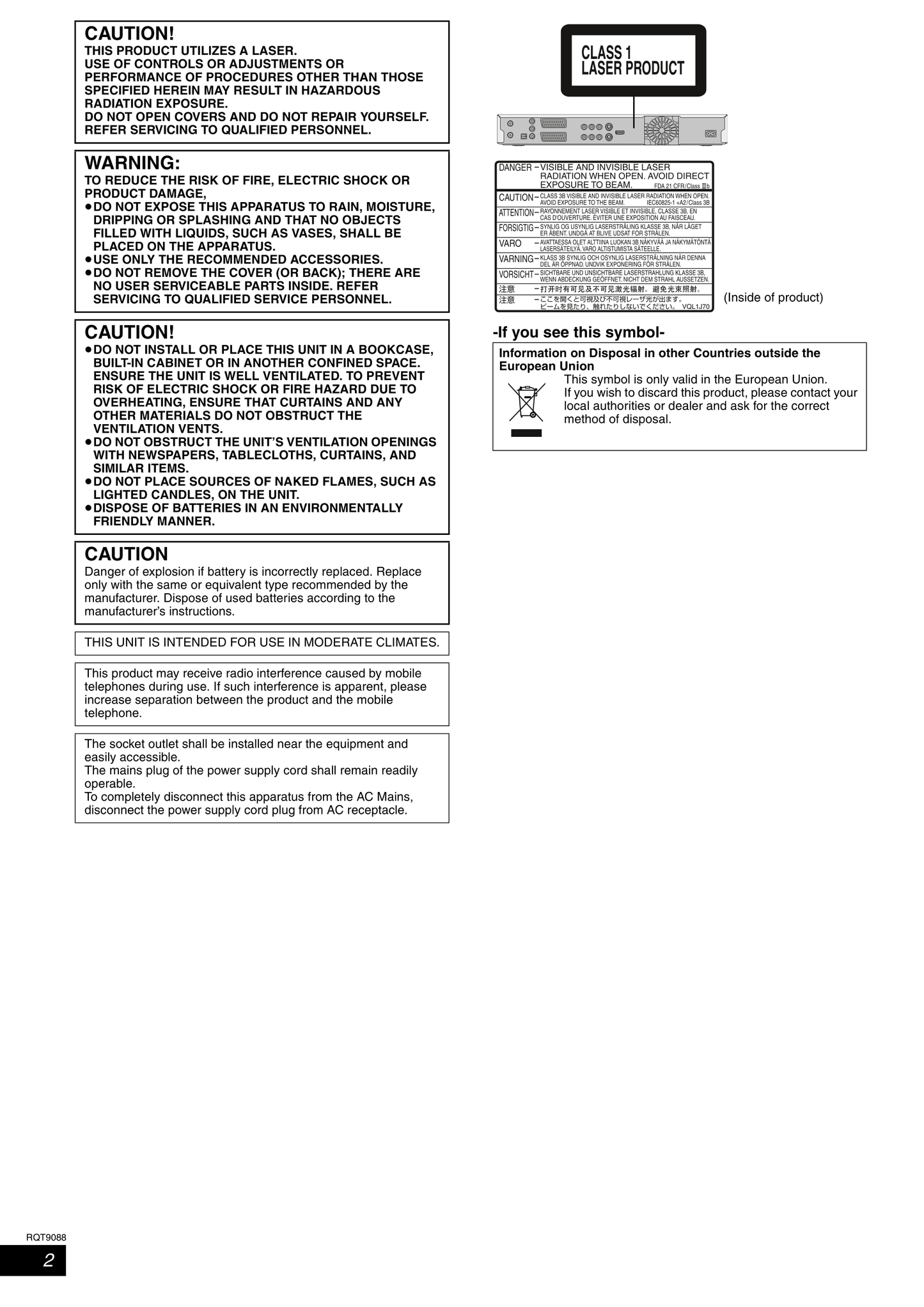 Panasonic DMR-EX78 & DMR-EX88 DVD Player/ Recorder Owner's/ User Manual (Pages: 88)