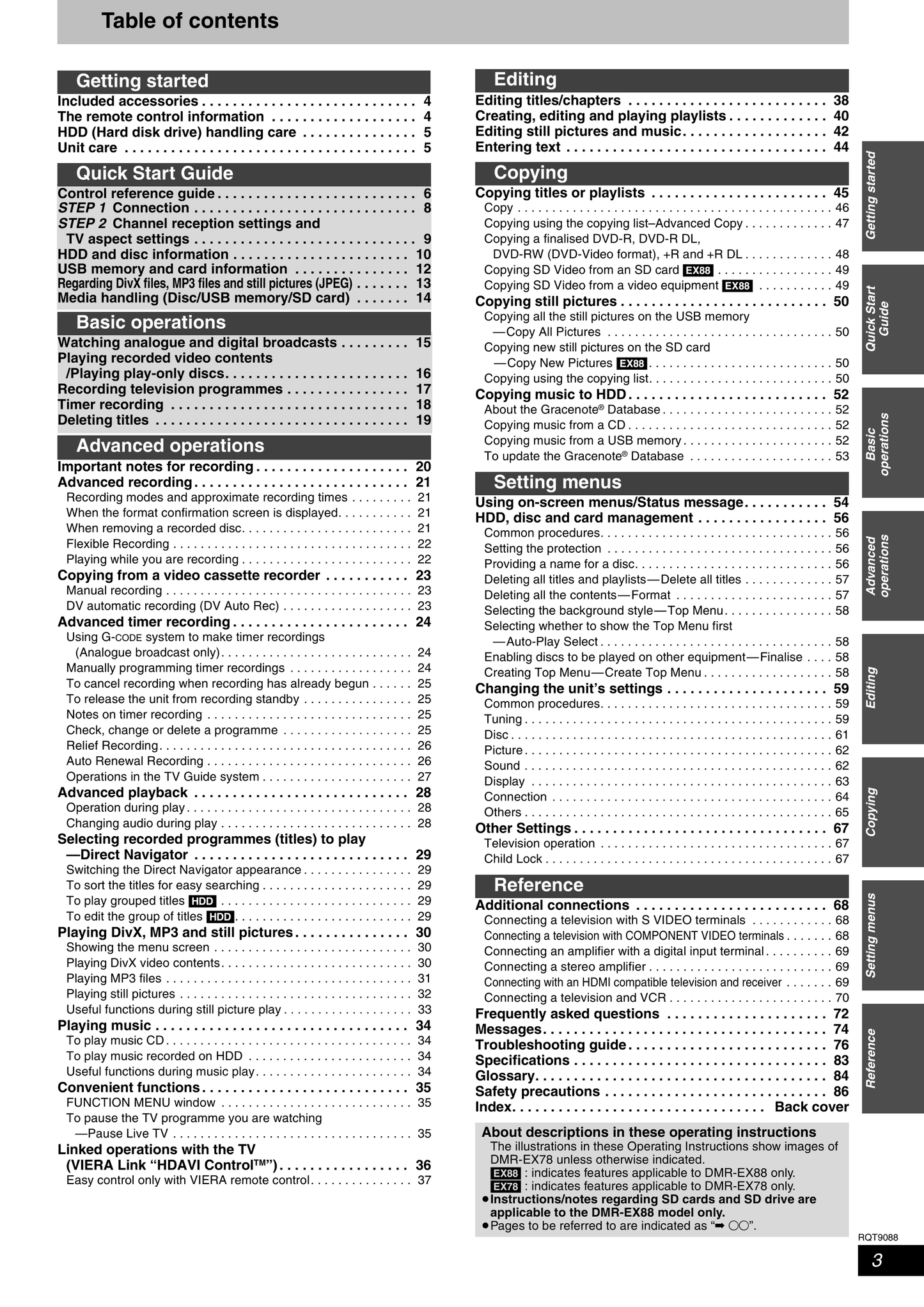 Panasonic DMR-EX78 & DMR-EX88 DVD Player/ Recorder Owner's/ User Manual (Pages: 88)