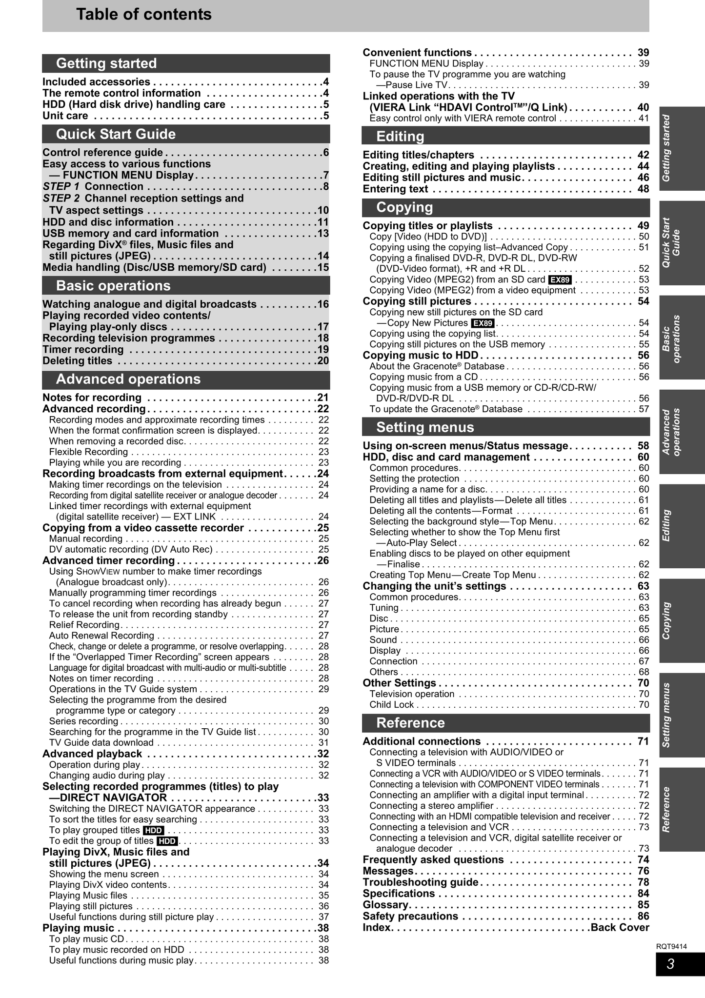 Panasonic DMR-EX79 & DMR-EX89 DVD Player/ Recorder Owner's/ User Manual (Pages: 88)