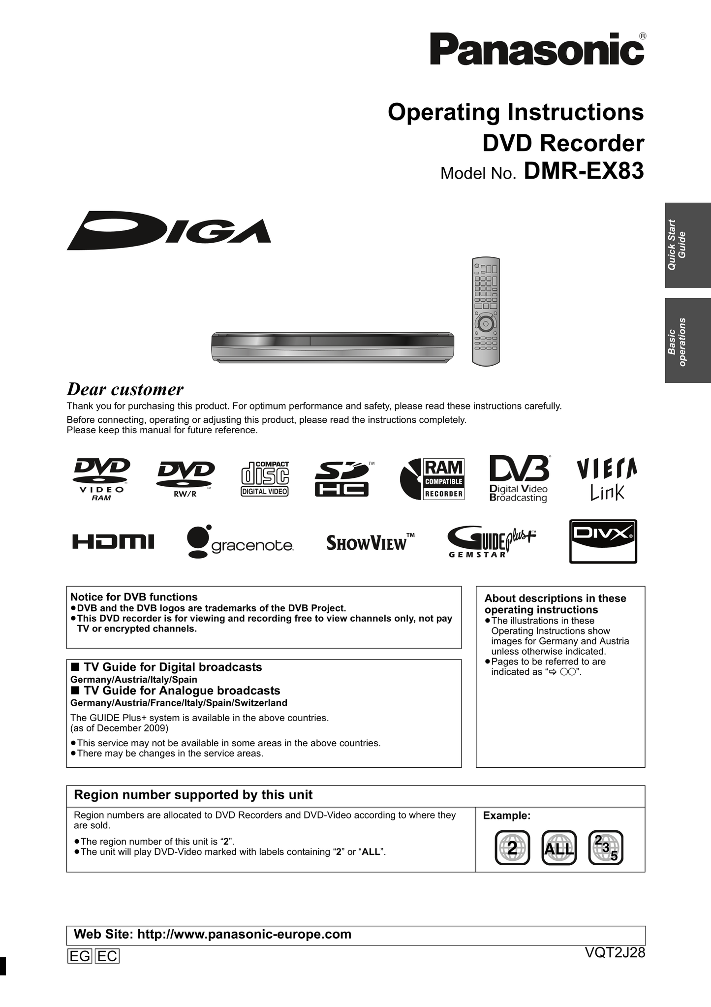 Panasonic DMR-EX83 DVD Player/ Recorder Owner's/ User Manual (Pages: 88)