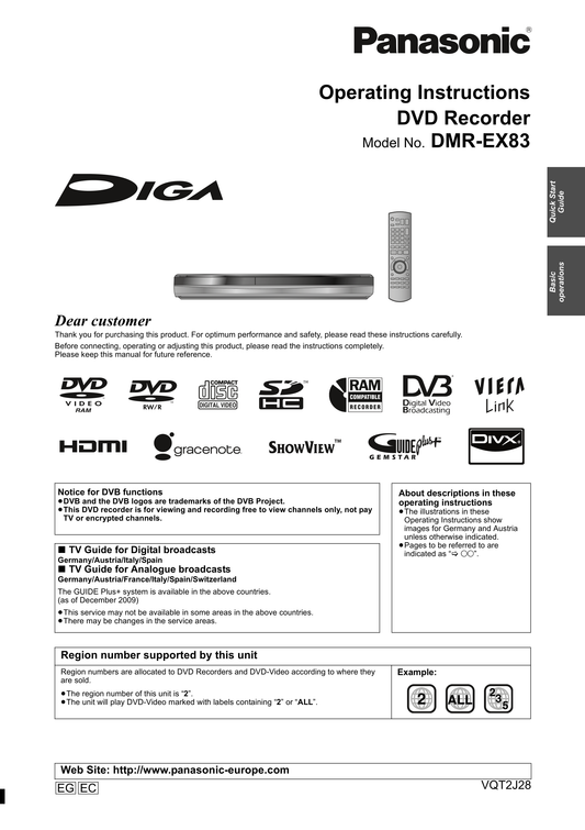 Panasonic DMR-EX83 DVD Player/ Recorder Owner's/ User Manual (Pages: 88)