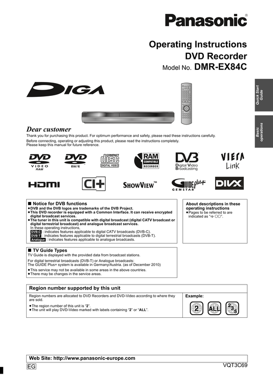 Panasonic DMR-EX84C DVD Player/ Recorder Owner's/ User Manual (Pages: 88)