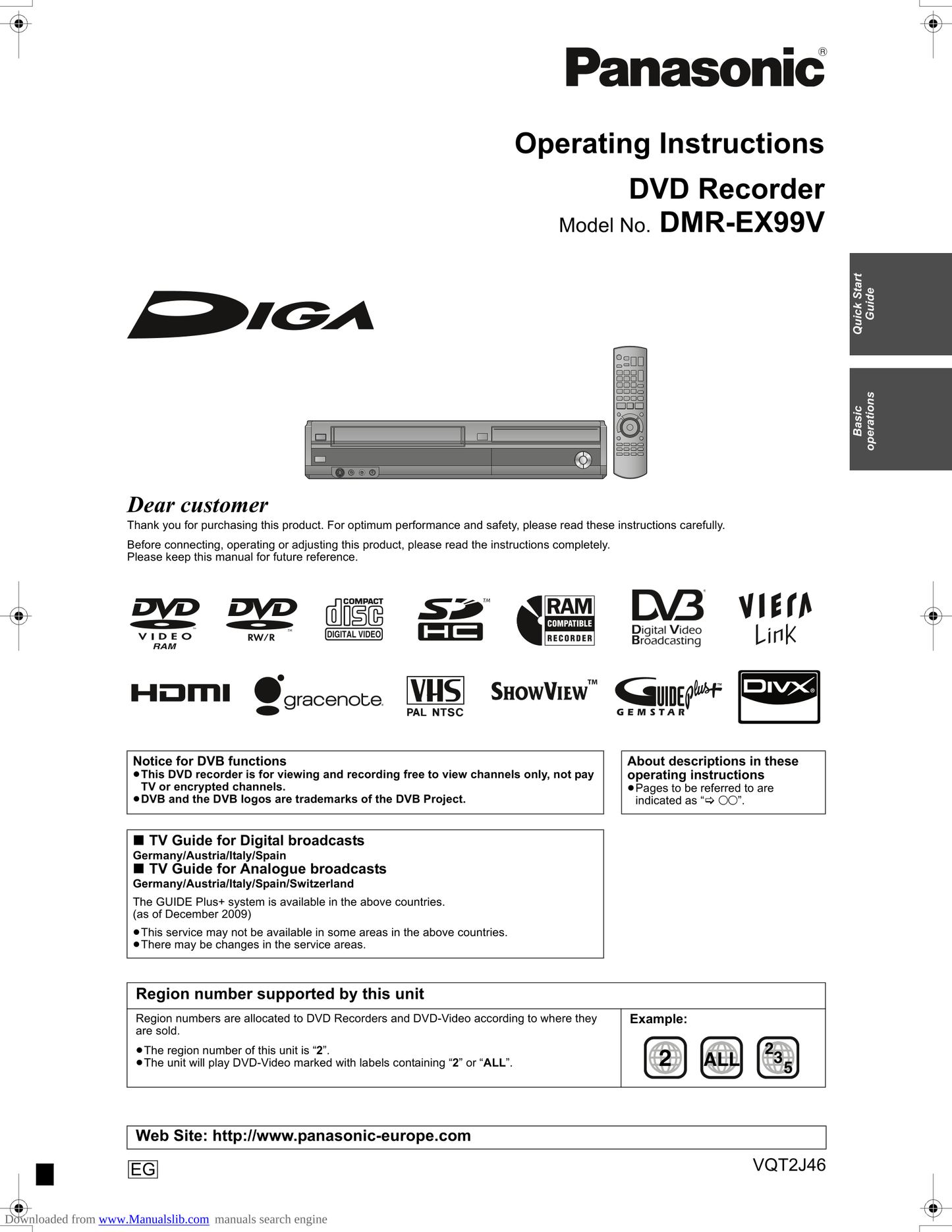 Panasonic DMR-EX99V DVD/VCR Combo Owner's/ User Manual (Pages: 100)