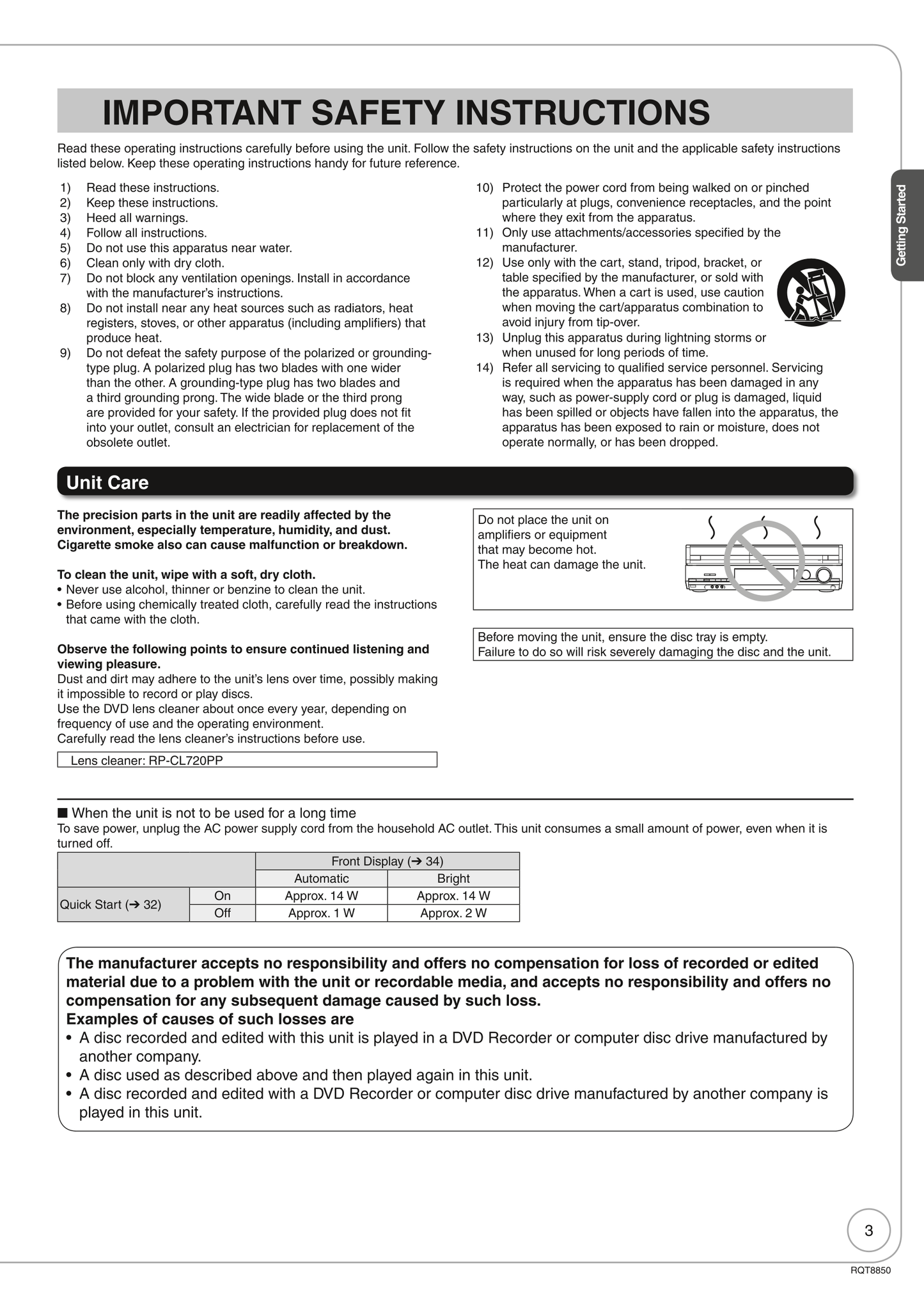 Panasonic DMR-EZ17 DVD Player/ Recorder Owner's/ User Manual (Pages: 72)