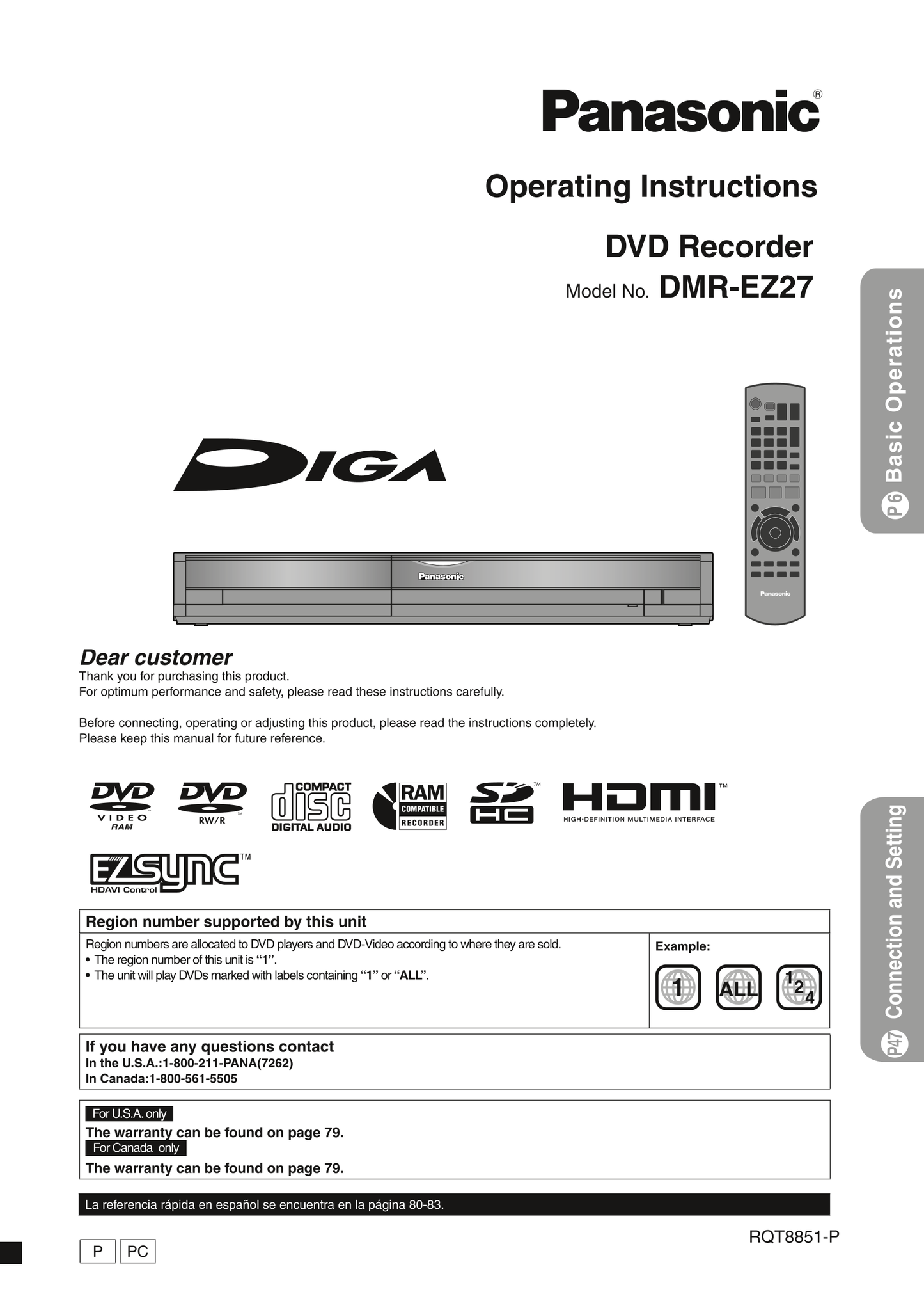 Panasonic DMR-EZ27 DVD Player/ Recorder Owner's/ User Manual (Pages: 84)