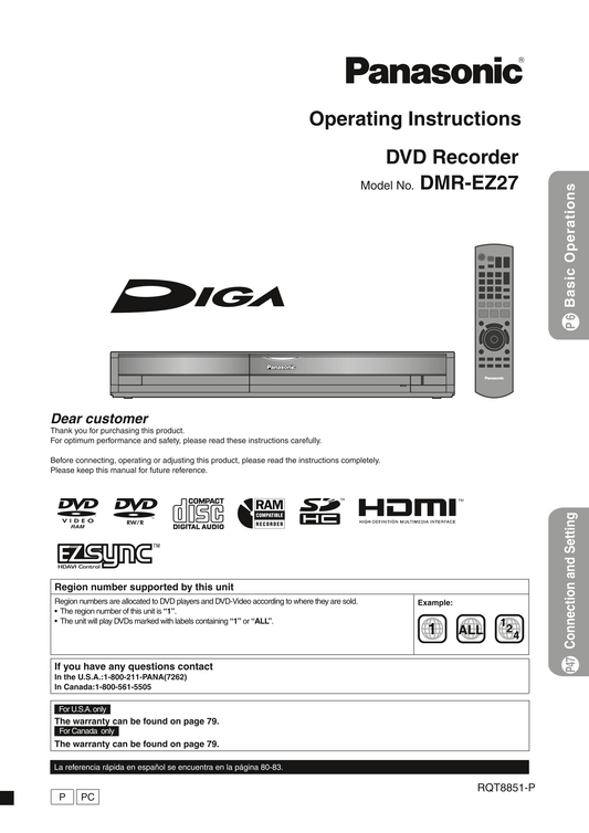 Panasonic DMR-EZ27 DVD Player/ Recorder Owner's/ User Manual (Pages: 84)