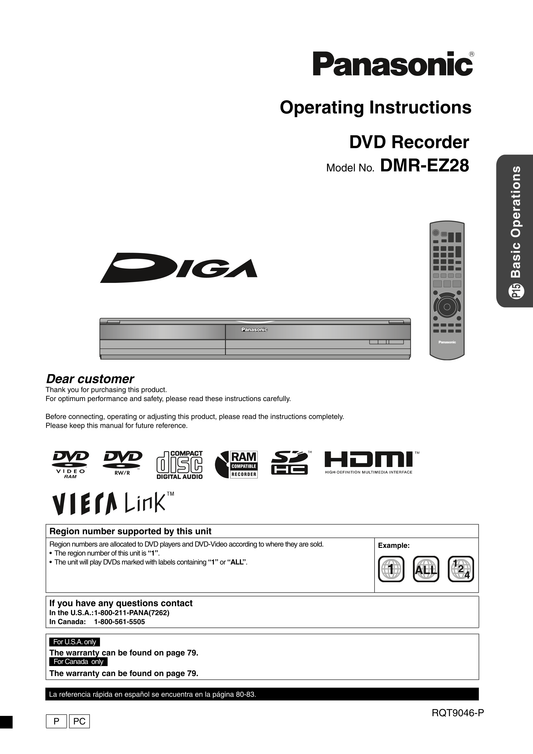 Panasonic DMR-EZ28 DVD Player/ Recorder Owner's/ User Manual (Pages: 84)