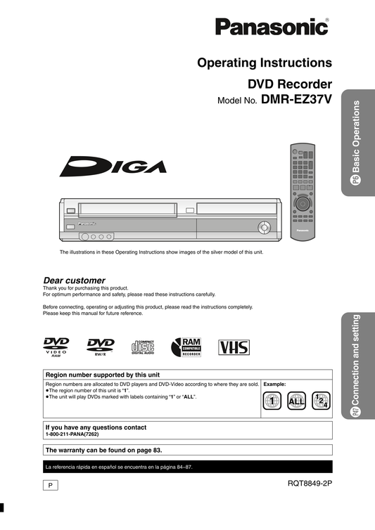 Panasonic DMR-EZ37V DVD/VCR Combo Owner's/ User Manual (Pages: 88)