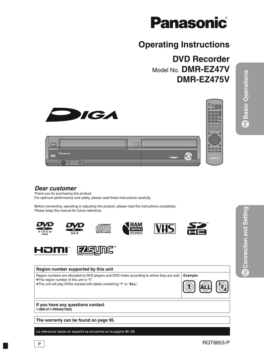 Panasonic DMR-EZ47V & DMR-EZ475V DVD/VCR Combo Owner's/ User Manual (Pages: 100)