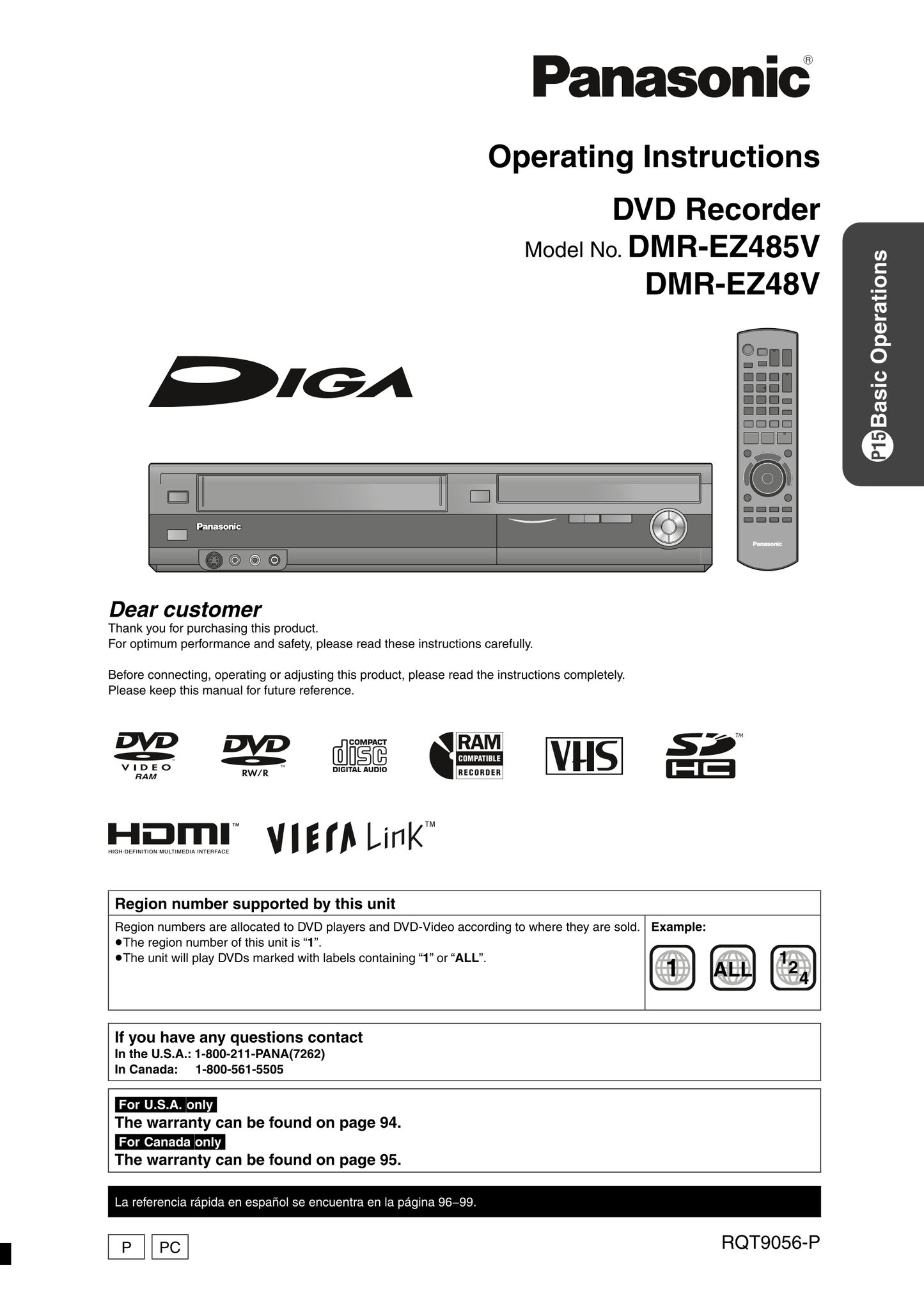 Panasonic DMR-EZ48V & DMR-EZ485V DVD/VCR Combo Owner's/ User Manual (Pages: 100)