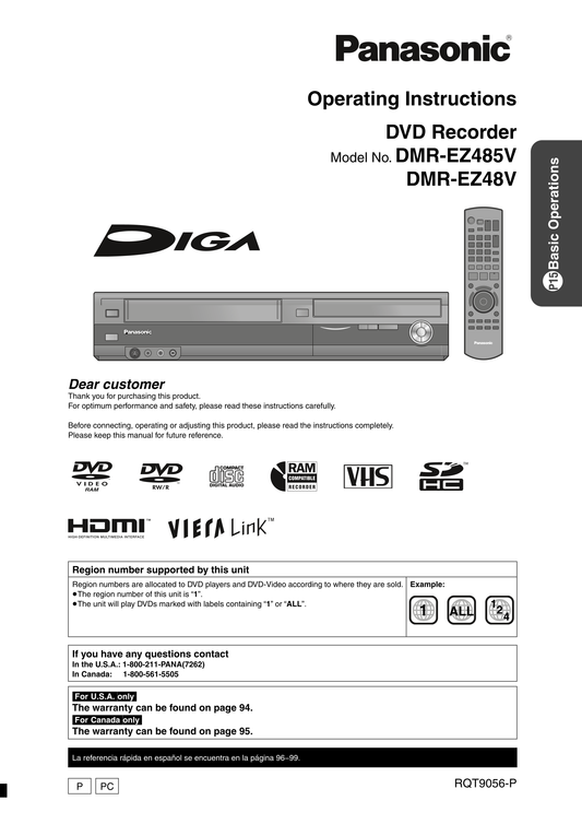 Panasonic DMR-EZ48V & DMR-EZ485V DVD/VCR Combo Owner's/ User Manual (Pages: 100)