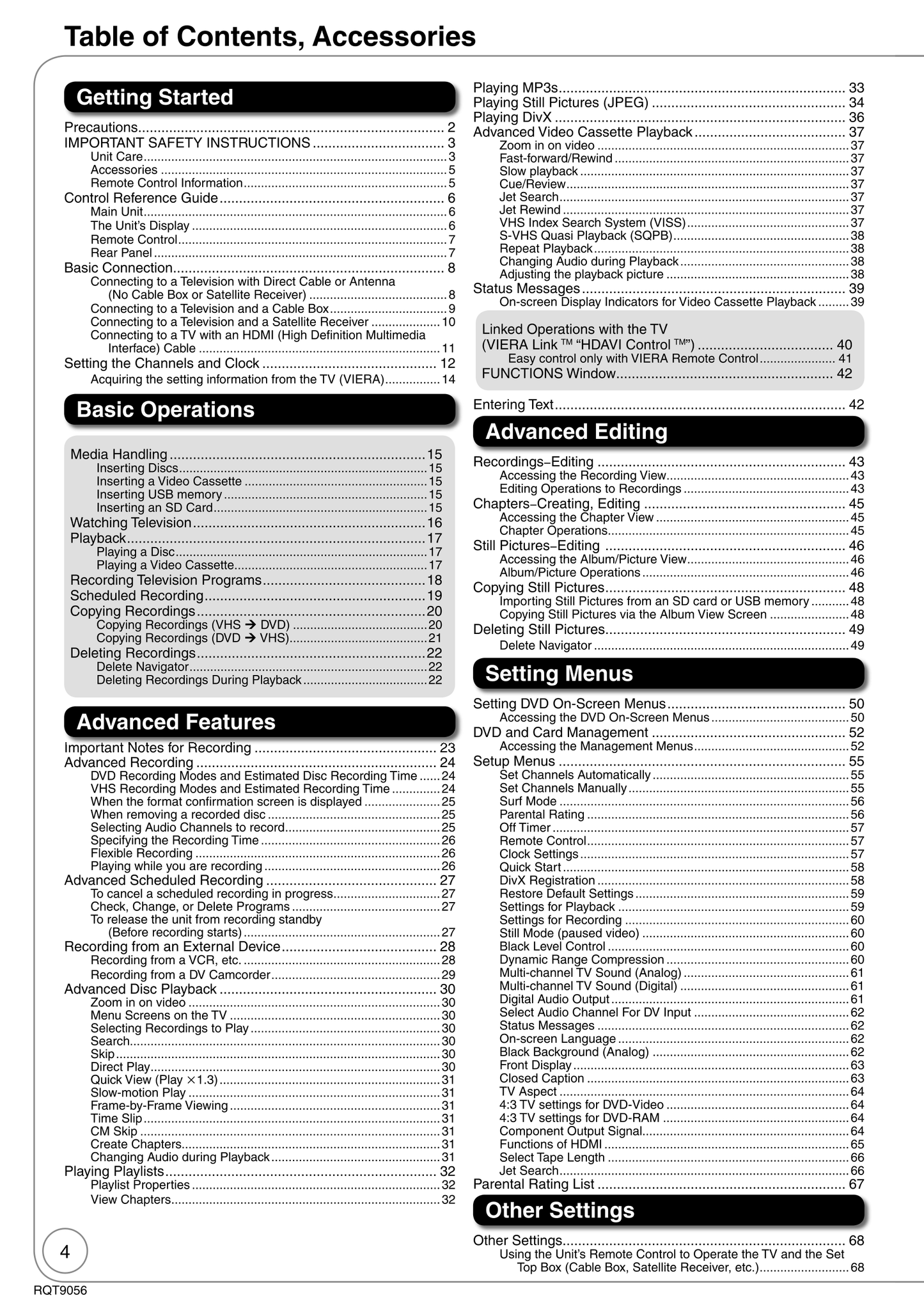 Panasonic DMR-EZ48V & DMR-EZ485V DVD/VCR Combo Owner's/ User Manual (Pages: 100)