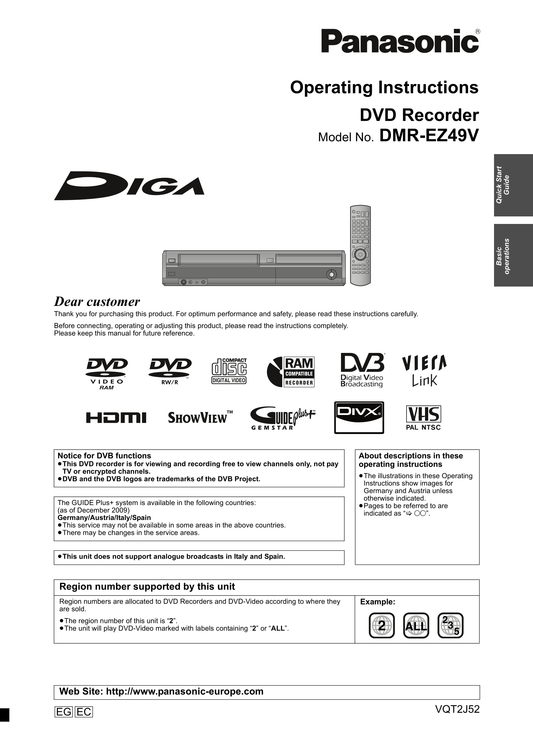 Panasonic DMR-EZ49V DVD/VCR Combo Owner's/ User Manual (Pages: 88)