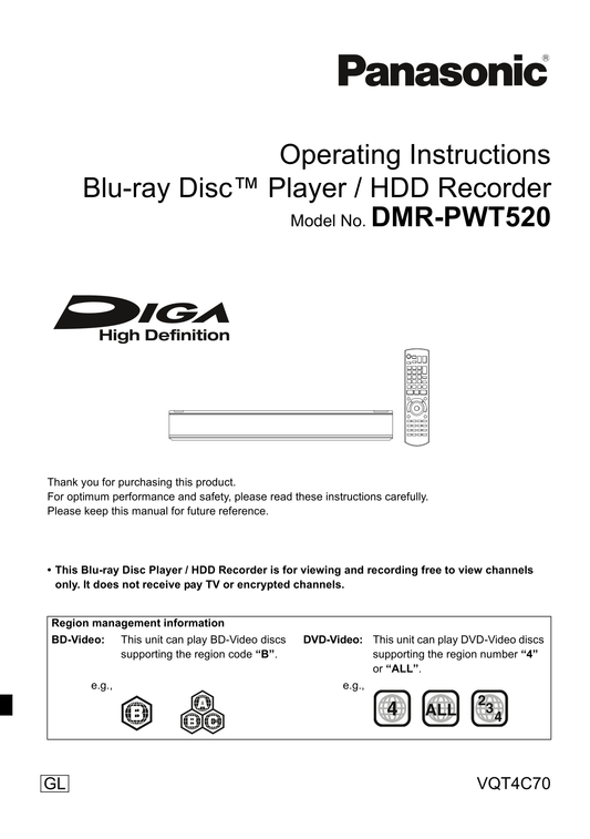 Panasonic DMR-PWT520 Blu-Ray Player/ HDD Recorder Owner's/ User Manual (Pages: 104)