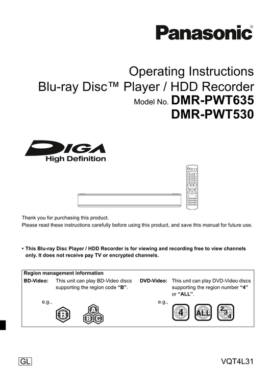 Panasonic DMR-PWT530 & DMR-PWT635 Blu-Ray Player/ HDD Recorder Owner's/ User Manual (Pages: 104)