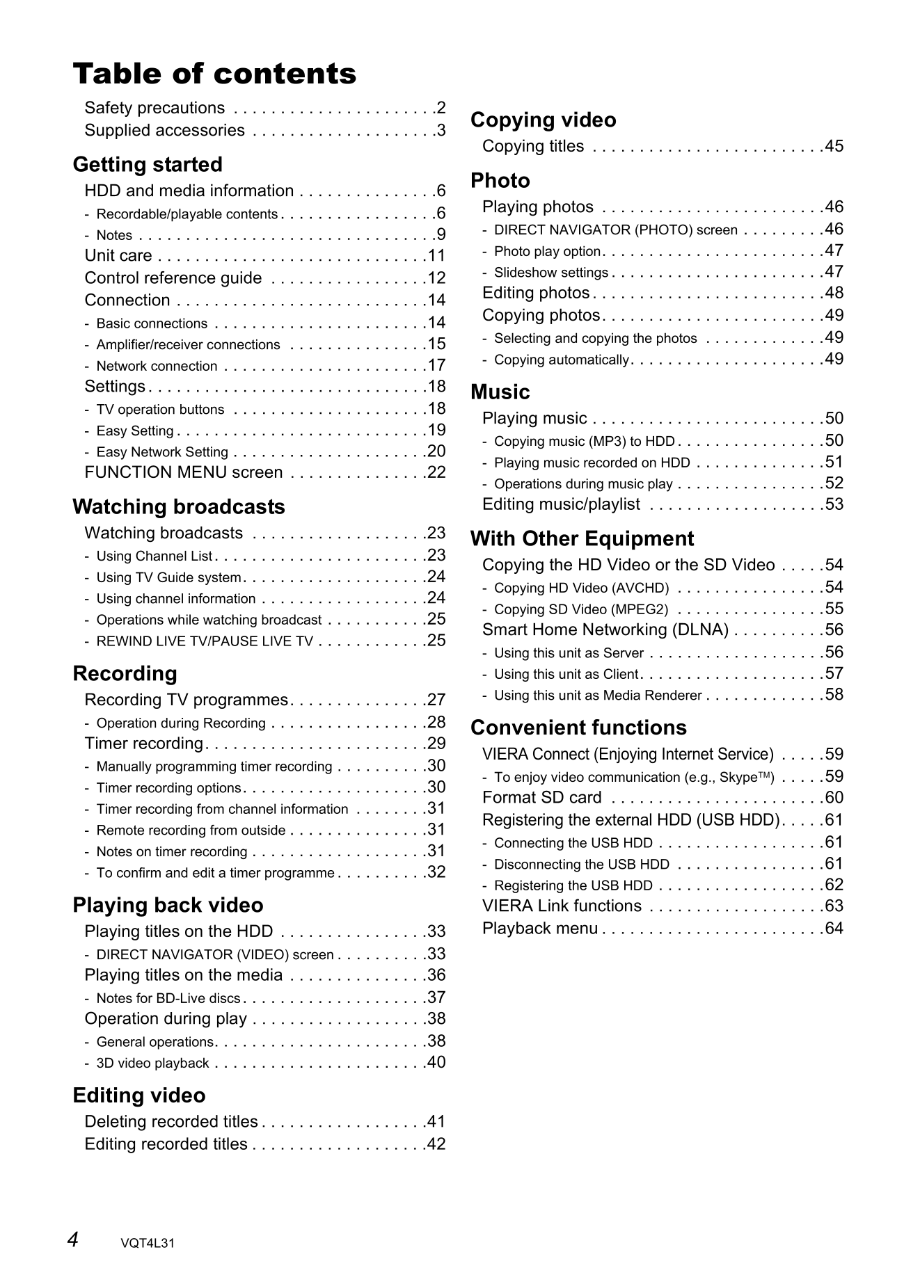 Panasonic DMR-PWT530 & DMR-PWT635 Blu-Ray Player/ HDD Recorder Owner's/ User Manual (Pages: 104)