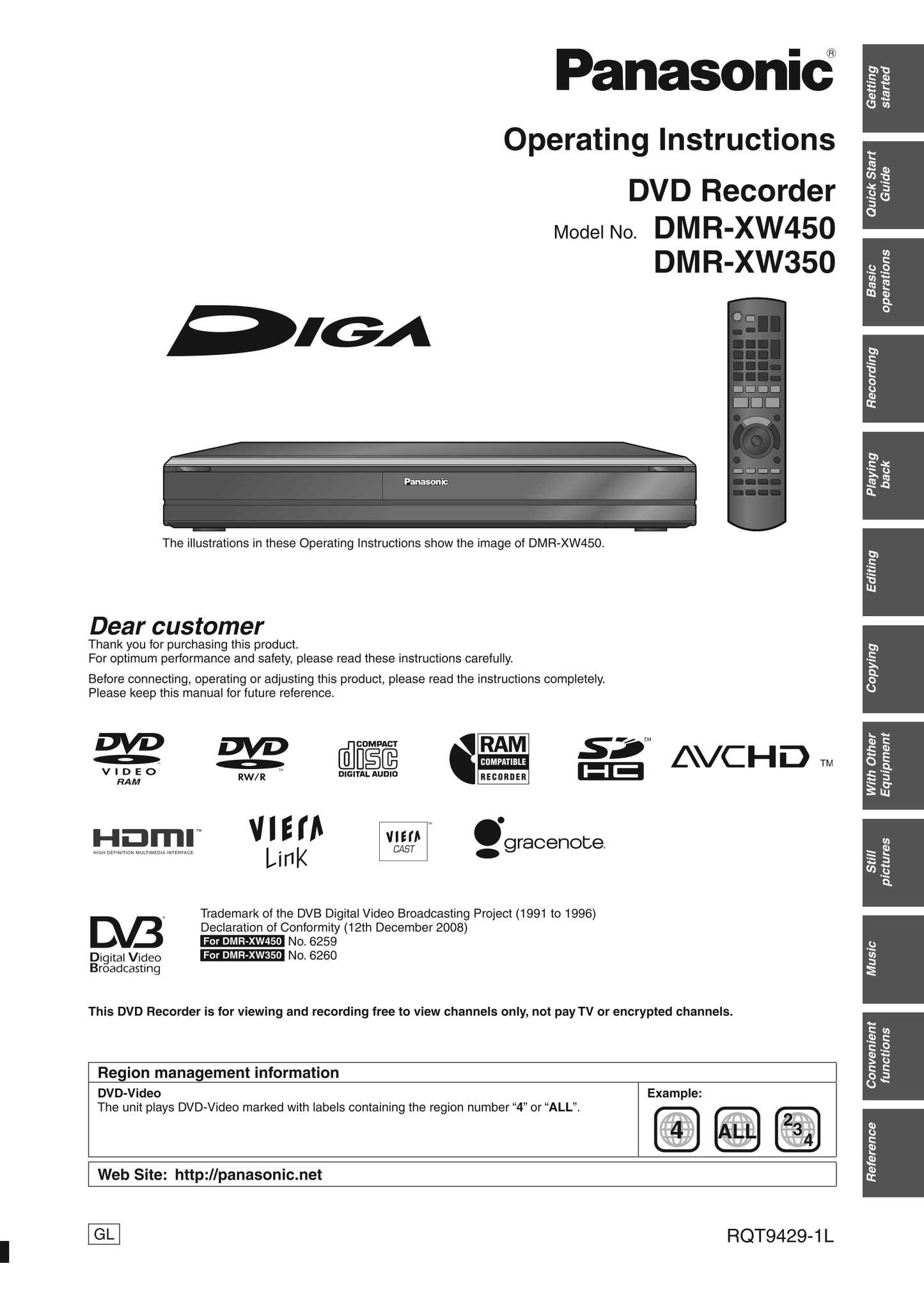 Panasonic DMR-XW350 & DMR-XW450 DVD Player/ Recorder Owner's/ User Manual (Pages: 120)